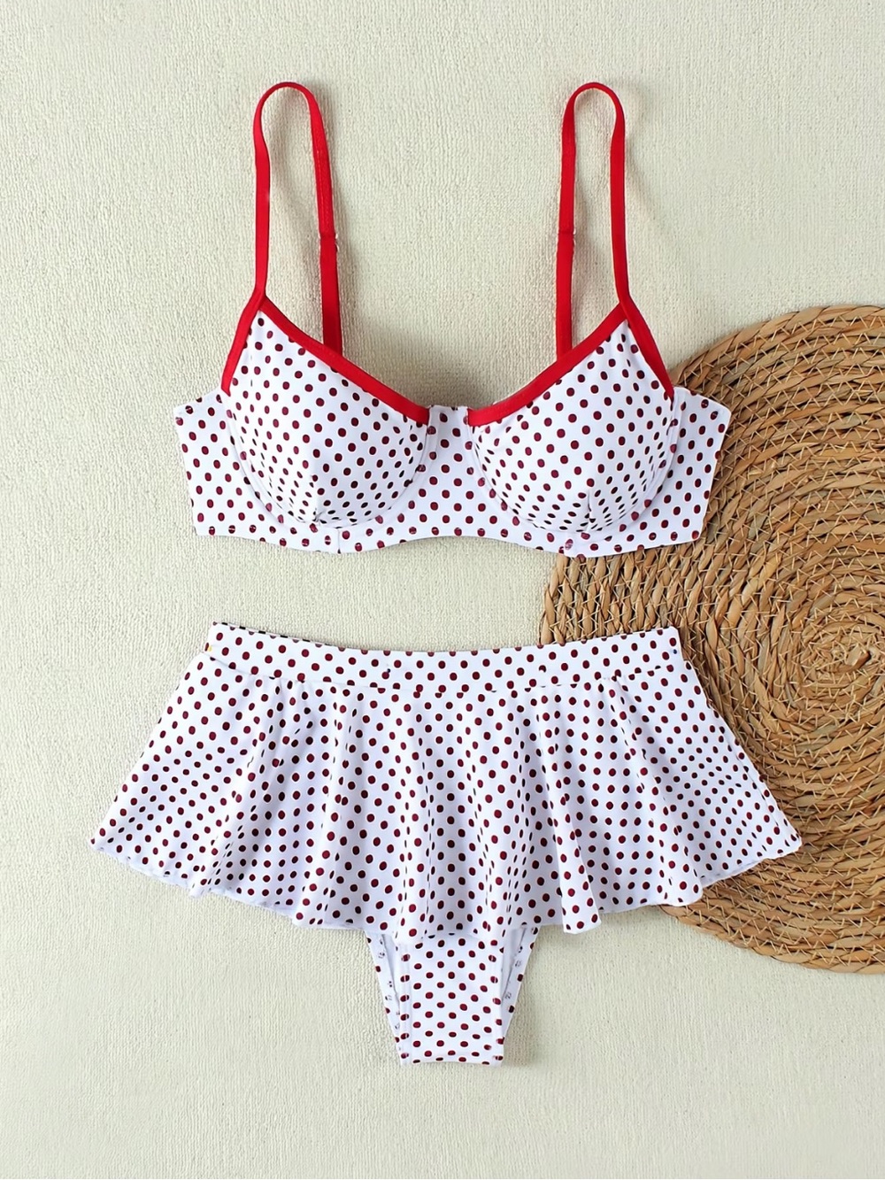 White & Red Polka Dot Bikini Set with Skirted Bottom